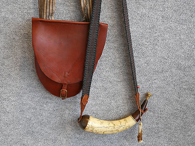 Red Leather Work Bag and Powder Horn